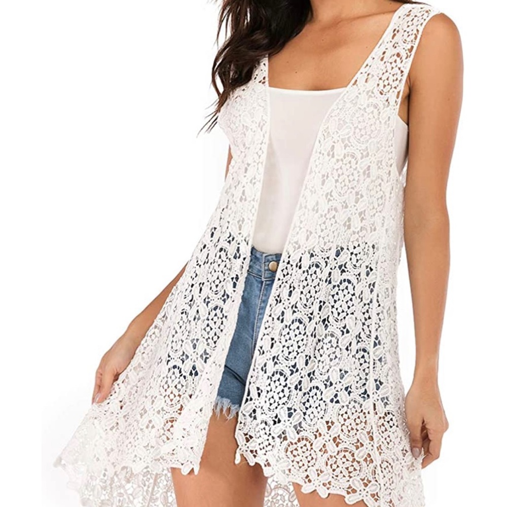 NWT Lace Front Open Sleeveless Top Crochet Vest Swim Cover up BOHO